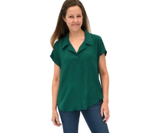 Willamette Shirt, womens woven short sleeve collared shirt,  plain, colorblocked, or cropped hem dolman chest pocket pdf sewing pattern