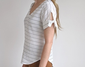 Lucerne Blouse, womens woven v neck scoop neck tie sleeve petal sleeve blouse with curved shirt tail hem pdf sewing pattern