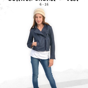 May include: A girl wearing a blue denim jacket with a zipper and a white knit hat. The jacket has a zipper on the front and a pocket on the left side. The text "juniors CONIFER JACKET AND VEST 6-16" is at the top of the image.