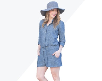 Sanibel Dress & Romper, womens woven long or short sleeve dress or romper with collar and pockets pdf sewing pattern