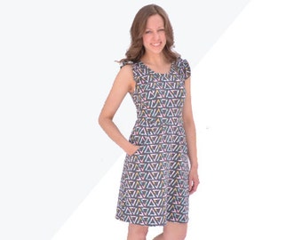 Charleston Dress, womens knit dress ruffle sleeves, sleeveless, short sleeves, long sleeves, a-line skirt, pencil skirt pdf sewing pattern