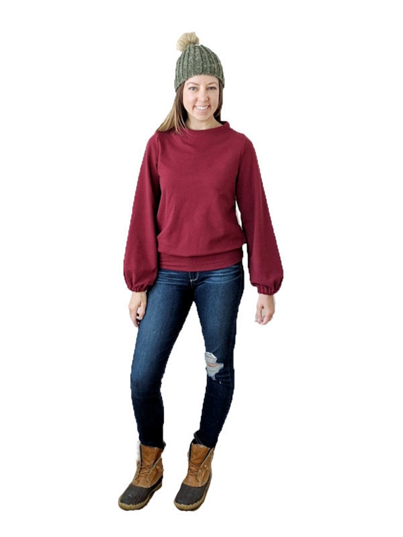 Sheridan Sweater, womens knit bateau crew neck bishop bell sleeve cropped pdf sewing pattern image 1