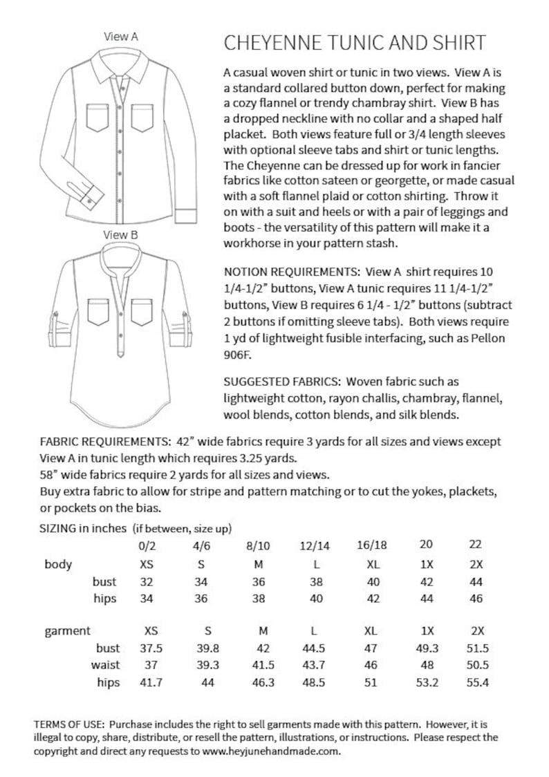 May include: A sewing pattern for a Cheyenne tunic and shirt with two views. The pattern includes instructions for making a standard collared button-down shirt or a tunic with a dropped neckline. The pattern includes sizing charts in inches for bust, hips, and waist.