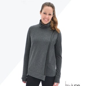 Tallinn Sweater, womens knit turtleneck cowl neck cross over asymmetrical hem pdf sewing pattern