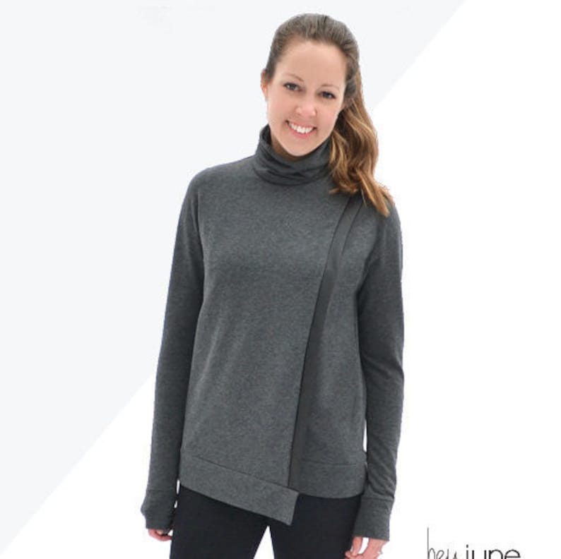 Tallinn Sweater, womens knit turtleneck cowl neck cross over asymmetrical hem pdf sewing pattern image 1