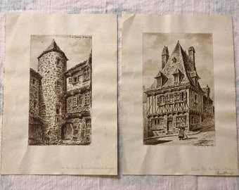 Set of 2 Antique Signed Original Pen & Ink Drawings 1900s