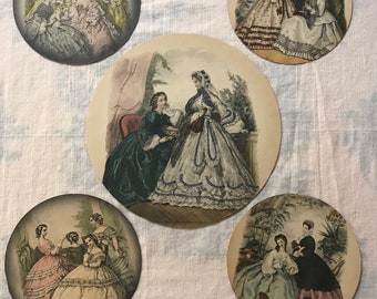 Set of 5 Beautiful Antique 1800s Paris Fashion Prints Cut into Circles