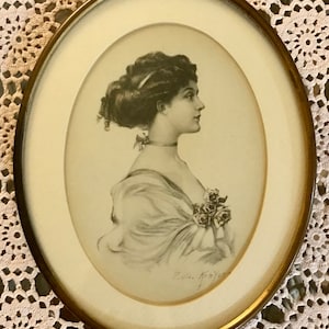 Antique Print or Drawing of Woman in Oval Brass Frame