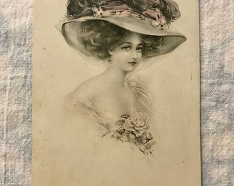 Rare Antique 1808 German Post Card of Woman with Big Hat