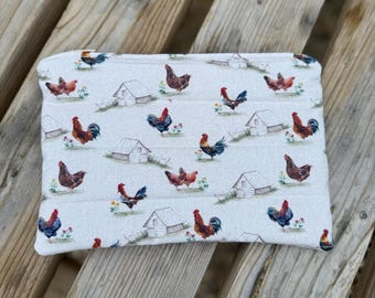 Zipped Pouch, Purse, Makeup Bag, Padded Bag. Chickens
