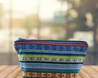 Zipped Pouch, Purse, Makeup Bag.  Blue Aztec, Boho Bag.