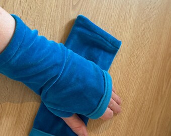 Blue Velour Fingerless Gloves, mitts, wrist warmers, hand warmers, gloves,