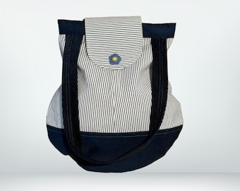 Forget-Me-Not Denim Shoulder Bag: Striped Recycled Fabric, Crocheted Flower