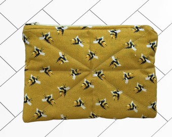 Zipped Pouch, Purse, Makeup Bag, Padded Bag. Mustard Bees