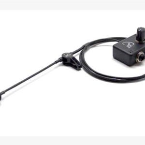 May include: A black microphone with a boom arm and a small black box with a knob and a cable. The box has a white logo on it.