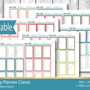 Op de afbeelding: Printbare Happy Planner Classic checklist stickers met volledige vinkjes harten in verschillende kleuren, waaronder teal, rood, groen en blauw.