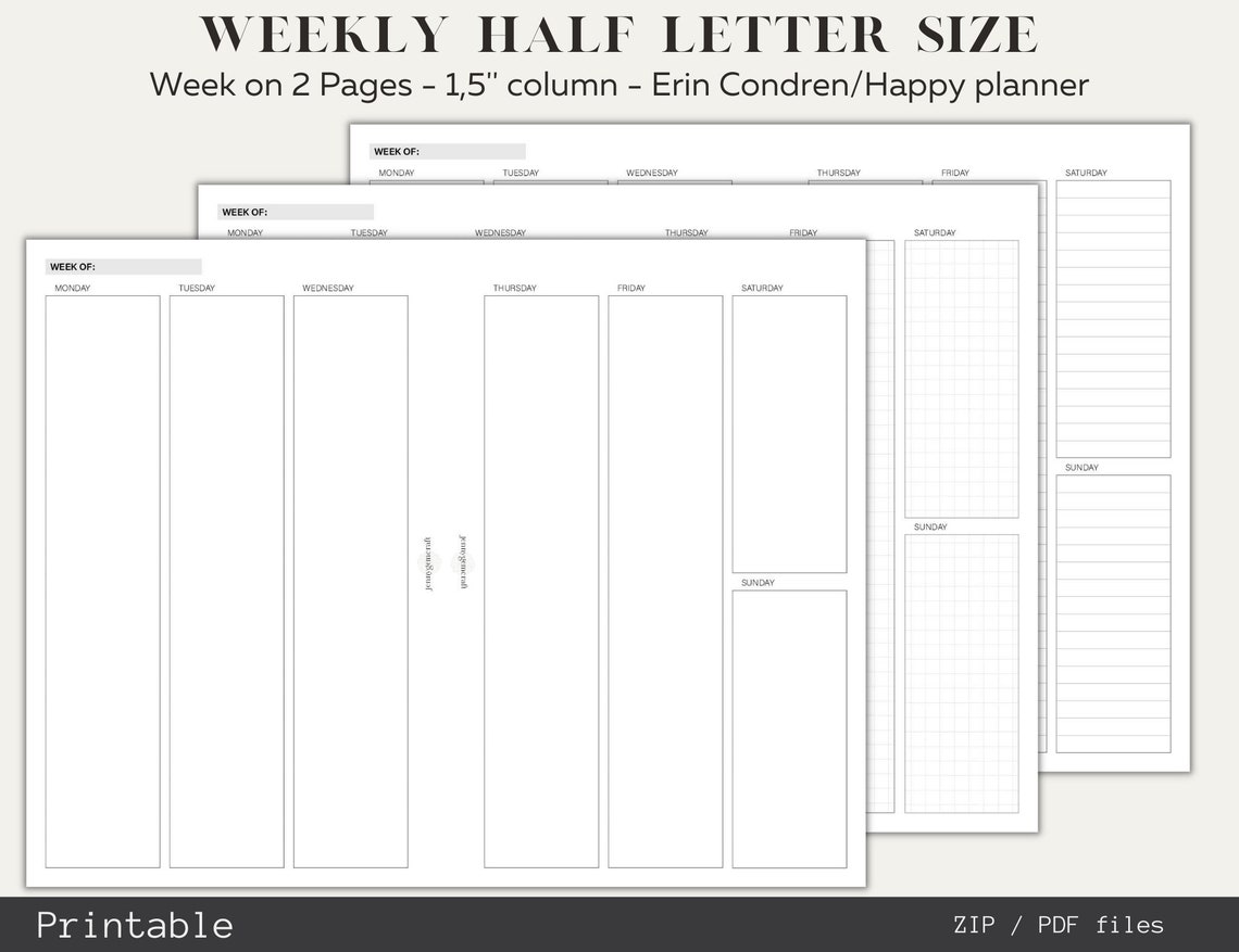 Vertical Weekly Planner Inserts, Minimal Style Half Letter Size ...