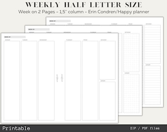 Vertical Weekly Planner Inserts, minimal style Half Letter size printables, 1,5'' column in Erin Condren/ Happy Planner design