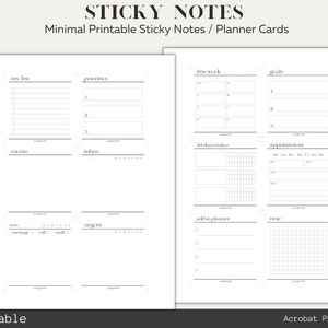 Puede incluir: Notas adhesivas imprimibles con un diseño minimalista. Las notas están divididas en secciones con títulos como "mi lista", "prioridades", "esta semana", "metas", "seguimiento de 30 días", "citas", "bandeja de entrada", "tareas", "desencadenantes", "agregar al planificador", "nota" y "memorándum".