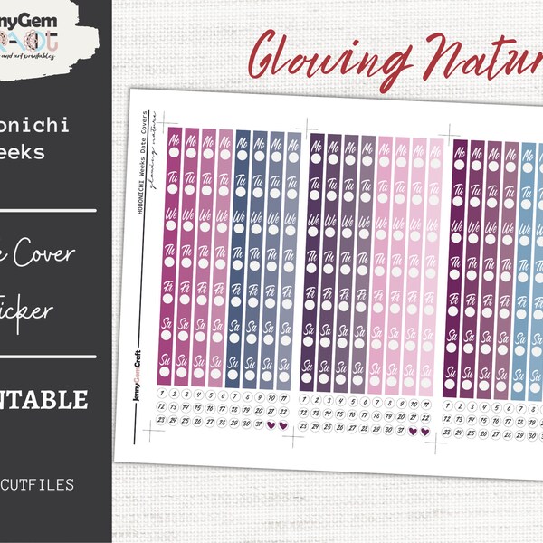 Glowing Nature Hobonichi Weeks Date Covers, Printable planner sticker, Neon Pink and Blue Digital Sticker Kit