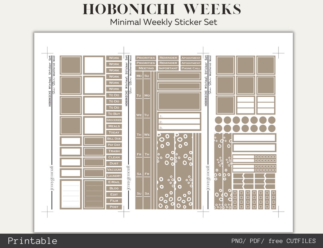 Hobonichi Weeks Minimal Printable Sticker Weekly Set in Weathered Wood ...
