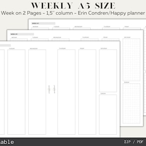 Vertical Weekly Planner Inserts, minimal style A5 size printables, 1,5'' column in Erin Condren/ Happy Planner design