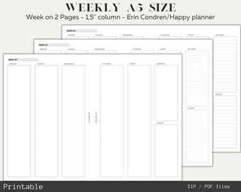 Vertical Weekly Planner Inserts, minimal style A5 size printables, 1,5'' column in Erin Condren/ Happy Planner design