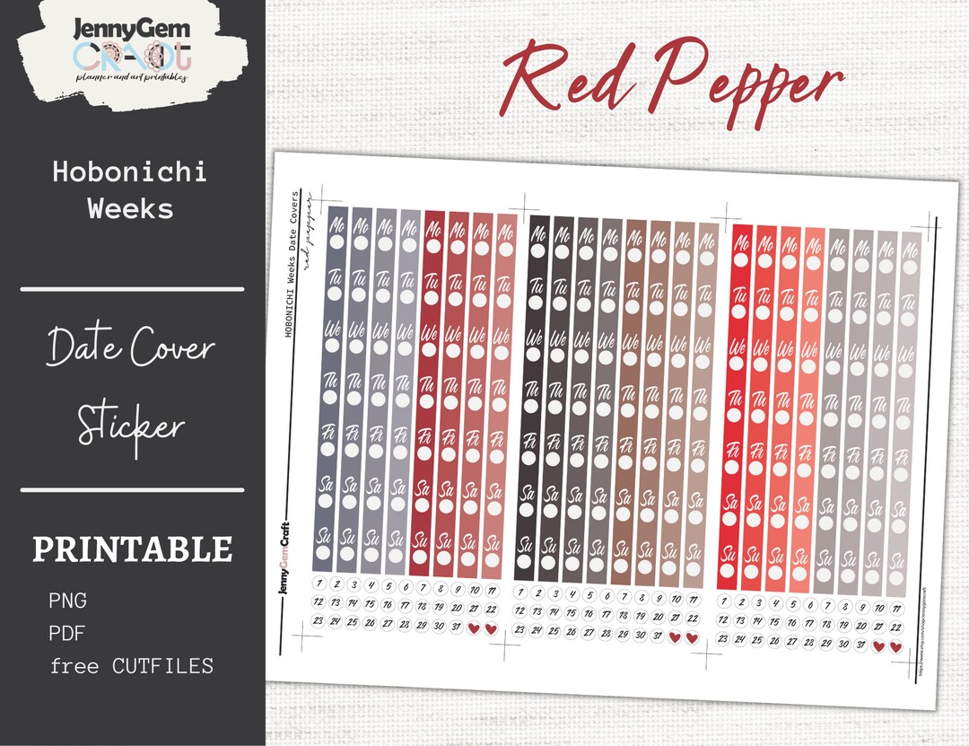 Red Pepper Hobonichi Weeks Date Covers, Printable Planner Sticker, Red ...