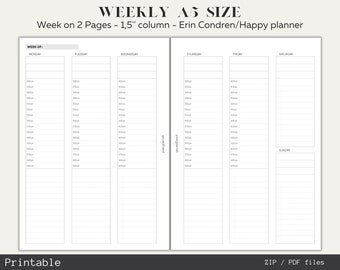 Vertical Weekly Schedule Planner Inserts, minimal style A5 size printables, 1,5'' column in Erin Condren/ Happy Planner design