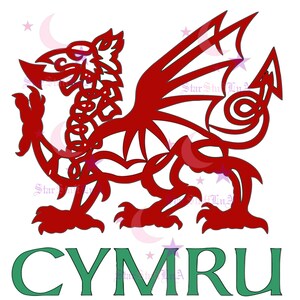 May include: A red dragon with intricate details and a green banner that reads "CYMRU".