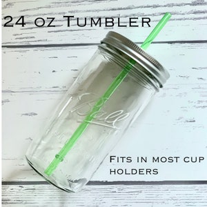 24 oz Glass Mason Jar Cup, Mason Jar Tumbler, Mason Jar Tumbler Cup, Mason Jar Straw Cup, Wide Mouth Mason Jar Tumbler fits in cupholder, image 6