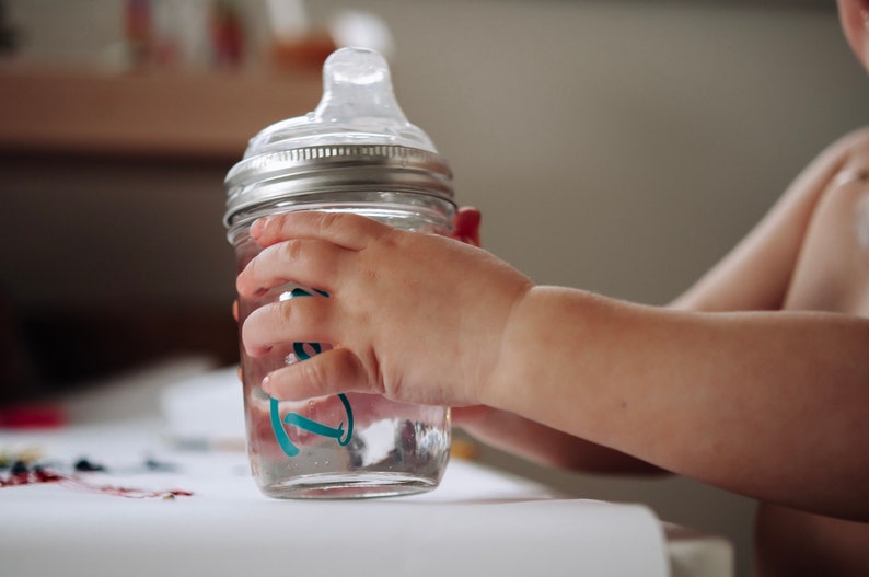 Personalized Glass Mason Jar Sippy Cup, Canning Jar Sippy cup, custom baby cup, Personalized Baby Cup, Toddler Cup, party favor, baby gift image 1