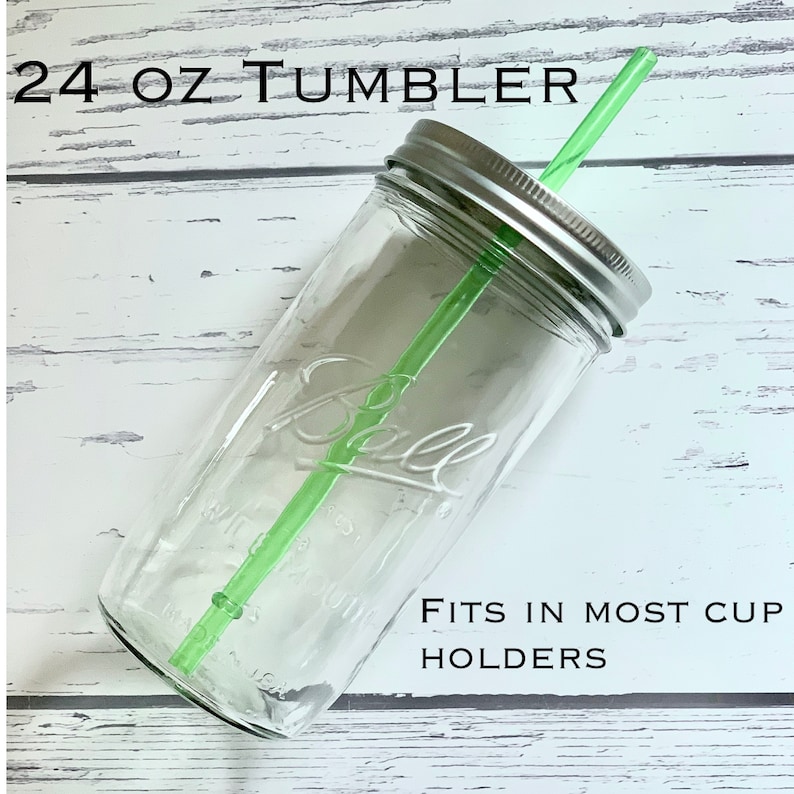 24 oz Glass Mason Jar Cup, Mason Jar Tumbler, Mason Jar Tumbler Cup, Mason Jar Straw Cup, Wide Mouth Mason Jar Tumbler fits in cupholder, image 6