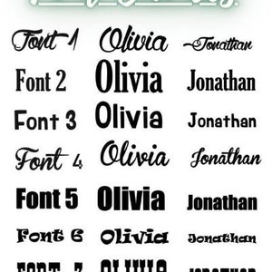 Pu&ograve; includere: Un grafico che mostra otto diversi stili di font per i nomi Olivia e Jonathan. Gli stili di font vanno dalla scrittura corsiva informale alle lettere in grassetto.