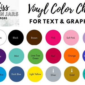 Pu&ograve; includere: Tabella colori di vinile per testo e grafica. I colori includono bianco, nero, marrone, rosa, rosa chiaro, lilla, viola, menta, verde lime, rosso, arancione, blu brillante, blu chiaro, blu scuro, giallo chiaro, argento, oro e turchese.