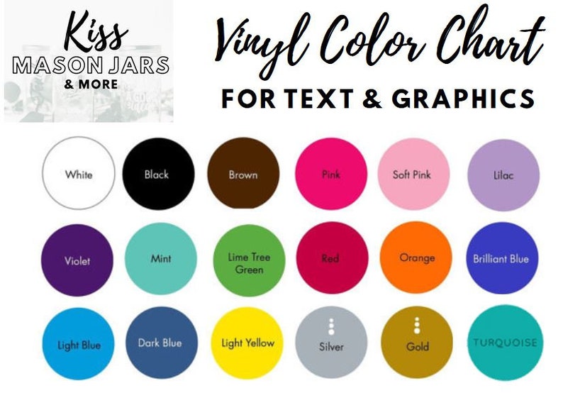 Pu&ograve; includere: Tabella colori di vinile per testo e grafica. I colori includono bianco, nero, marrone, rosa, rosa chiaro, lilla, viola, menta, verde lime, rosso, arancione, blu brillante, blu chiaro, blu scuro, giallo chiaro, argento, oro e turchese.