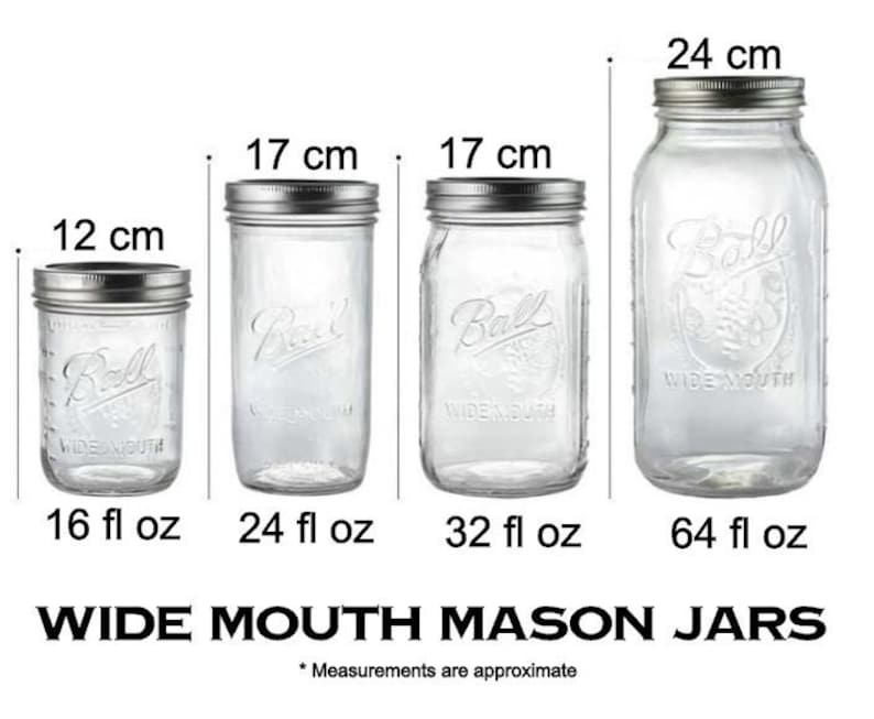 May include: Four clear glass Ball wide-mouth mason jars of varying sizes, with silver lids. The jars are labeled 16 fl oz (12 cm tall), 24 fl oz (17 cm tall), 32 fl oz (17 cm tall), and 64 fl oz (24 cm tall). The text "WIDE MOUTH MASON JARS" is below.