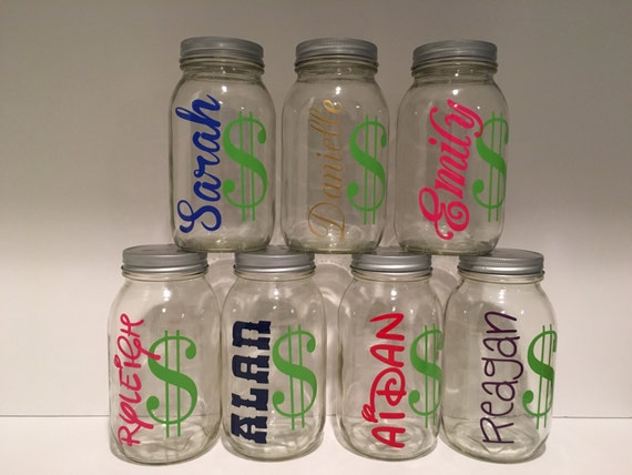 Personalized Bank, Glass Mason Jar Bank, Large Quart Size Bank, Personalized Gift, Children's Birthday Gift, Custom Bank, Custom Gift, Coins
