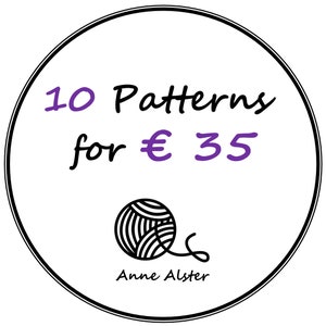 Puede incluir: Un círculo blanco y negro con fondo blanco y borde negro. El texto "10 Patterns for € 35" está escrito en morado. Debajo del texto hay una ilustración en blanco y negro de una bola de hilo. El texto "Anne Alster" está escrito debajo del hilo.