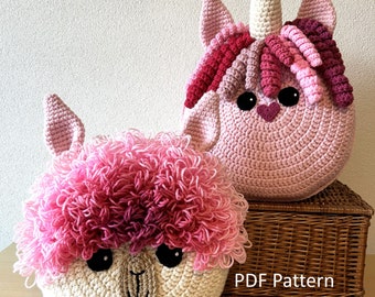 The Pink Pack: Unicorn and Alpaca/Llama Pillow - Cushion CROCHET PATTERNS - crochet patterns for animal pillows