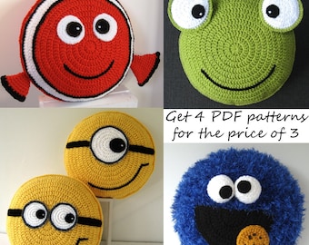 Color pack - 4 Crochet Pillow Patterns for the price of 3 - orange green blue yellow - crochet patterns for animal cushions