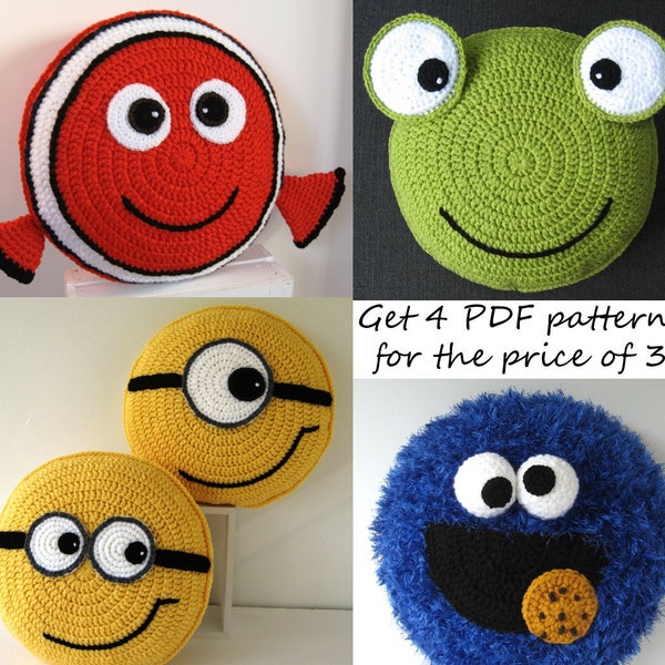 Color pack - 4 Crochet Pillow Patterns for the price of 3 - orange green blue yellow - crochet patterns for animal cushions