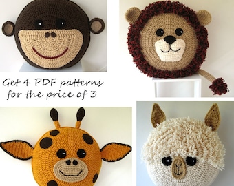 Zoo pack - 4 CROCHET PILLOW PATTERNS for the price of 3 - Alpaca/Llama - Lion - Monkey - Giraffe - crochet patterns for animal cushions