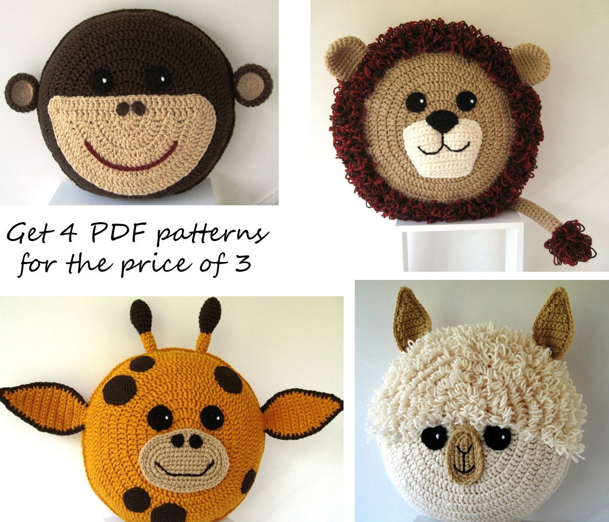 Zoo pack - 4 CROCHET PILLOW PATTERNS for the price of 3 - Alpaca/Llama - Lion - Monkey - Giraffe - crochet patterns for animal cushions
