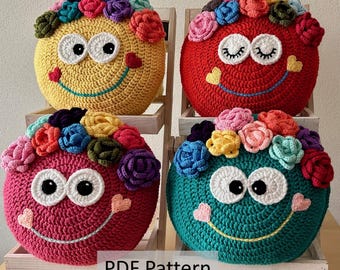 Happy Flower Pillow - Cushion CROCHET PATTERN - crochet patterns for pillows - Kids Birthday present - Nursery gift