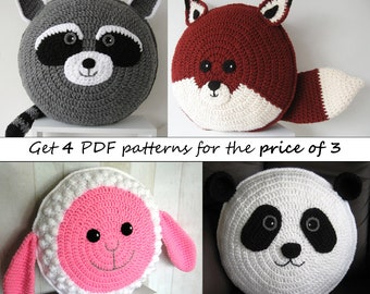 4 Crochet Pillow Patterns for the price of 3 - Sheep - Fox - Raccoon - Panda - crochet patterns for animal cushions