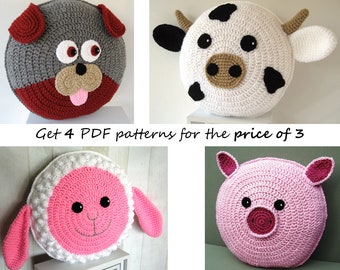 Farm pack - 4 Crochet Pillow Patterns for the price of 3 - Cow Pig Sheep Dog - crochet patterns for animal cushions