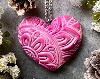 Collier coeur gonflé géant - Pendentif chaîne en argent