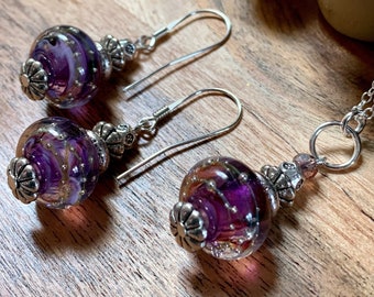 Handmade Lampwork Glass Beaded 925 Silver Earrings and Necklace - Purple and Silver - Matching Set - Astral Galaxy