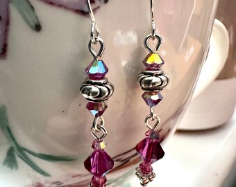 Boucles d'oreilles en perles de cristal roses faites main - Argent hypoallergénique